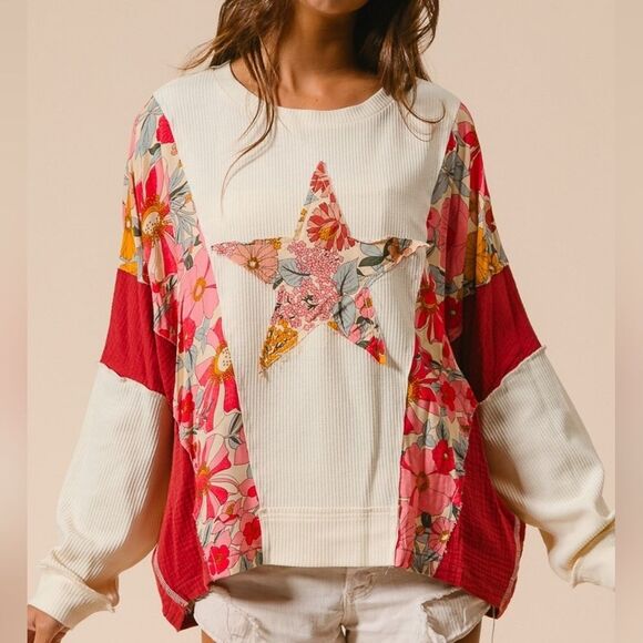 ◇ BiBi Graphic Star Patch Baggy Shirt ColorBlock Detail - Picture 10 of 15